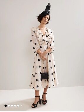 Polka Dot Ruffle Midi Dress in Cream and Black